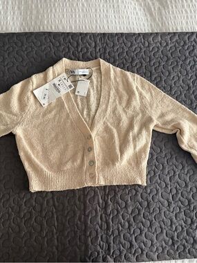 ZARA Cream Textured Cropped Button Cardigan